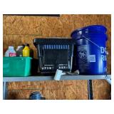6ï¿½ Metal shelf rack, flashlights, tarps, buffer et