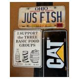 Metal Beer sign, license plate, CAT sign
