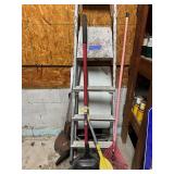 Small plastic folding table, ladder, dust pans, et