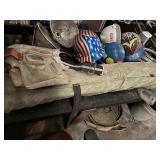 Wooden work bench, hard hats, buckets etc