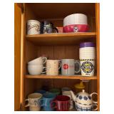 Coffee, mugs, tea, pot, cup, plastic bowls, etc.