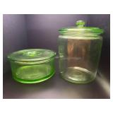 Vintage green uranium glass canister & refrig dish