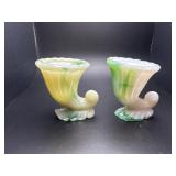 Vintage green Slag Glass cornucopias