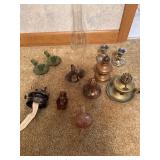 Vintage oil, lamp, bases, gloves, and candlesticks
