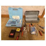 Vintage toolbox, tools, stapler etc