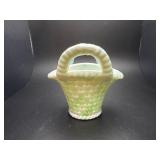 Vintage green swirl slag glass basket vase