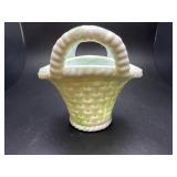 Vintage green swirl slag glass basket vase