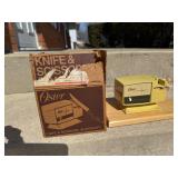 Vintage Oster, knife, sharpener & cutting board