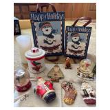 Christmas ornaments baskets, snow globes