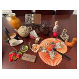 Vintage brown glaze, red clay, teapot, fan,l boo