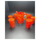 Small Orange Carnival glass  pitcher & tumblers
