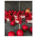 Red basket, apples, Christmas ornaments