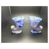 Vintage Akro Agate blue slag glass cornucopias