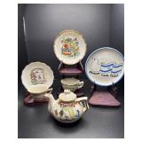 Vintage souvenir, mini plates, cups, and tea pot