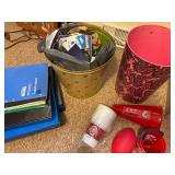 Vintage waste paper, baskets, and office supplies