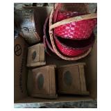 Throw pillows, wooden canisters & baskets