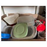 Plastic storage containers, strainer, etc