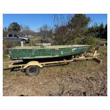 Vintage 12ï¿½ Fiberglass Boat w/ oars & trailer