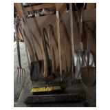 Vintage shovels, frog gig, axes, pitch fork etc