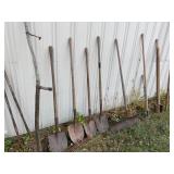 Antique shovels, posthole, sicles etc