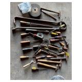 Pry bars, tack hammer, grinding wheel, awl etc