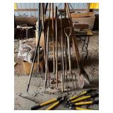 Various hand tools, rake, hoe, tree trimmers etc