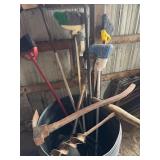 Vintage auger, grub hoe, brooms, shovel etc