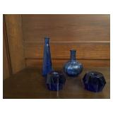 Vintage cobalt blue reversible candleholders etc
