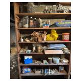 Shelf, contents, and vintage ice cream makers