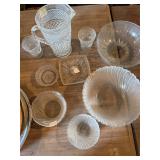 Vintage clear glass, pitcher, bowls, etc.