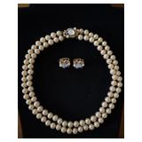 Vintage double faux pearl necklace &  earrings set