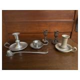 Vintage pewter, candlestick, and snuffer