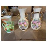 Vintage Floral vases, green  glass etc