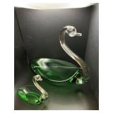 Vintage Green Art Glass Swan Candy Dish