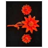 Vintage metal enamel, orange brooch, and earrings