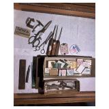 Vintage glass, top wooden display case, etc