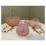 Vintage pink depression, glass tray, vanity jar