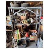 5 foot metal shelf, tools, etc.