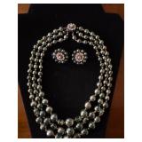 Vintage Japan, green necklace, and earrings set
