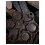 Vintage cast-iron muffin pan, crock, granite