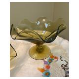 Vintage olive green ruffled candy dish &  bowl