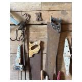 Vintage hooks and weight, bow saw etc
