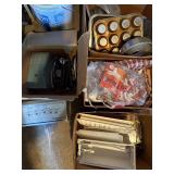Vintage clothes irons and ironing board, pans etc