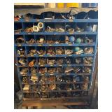 Vintage metal storage bin and plumbing hardware,