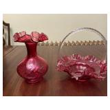Vintage Cranberry Ruffled Fenton Basket &  Vase