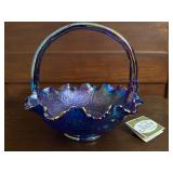 Vintage Fenton blue carnival glass with handle