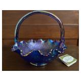 Vintage Fenton blue carnival glass with handle