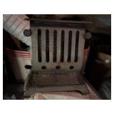Antique toaster, dishes, glass dishes, basket