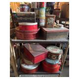 Vintage metal stand, and Christmas tins