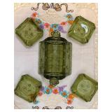 Vintage Fenton green rose ashtray set